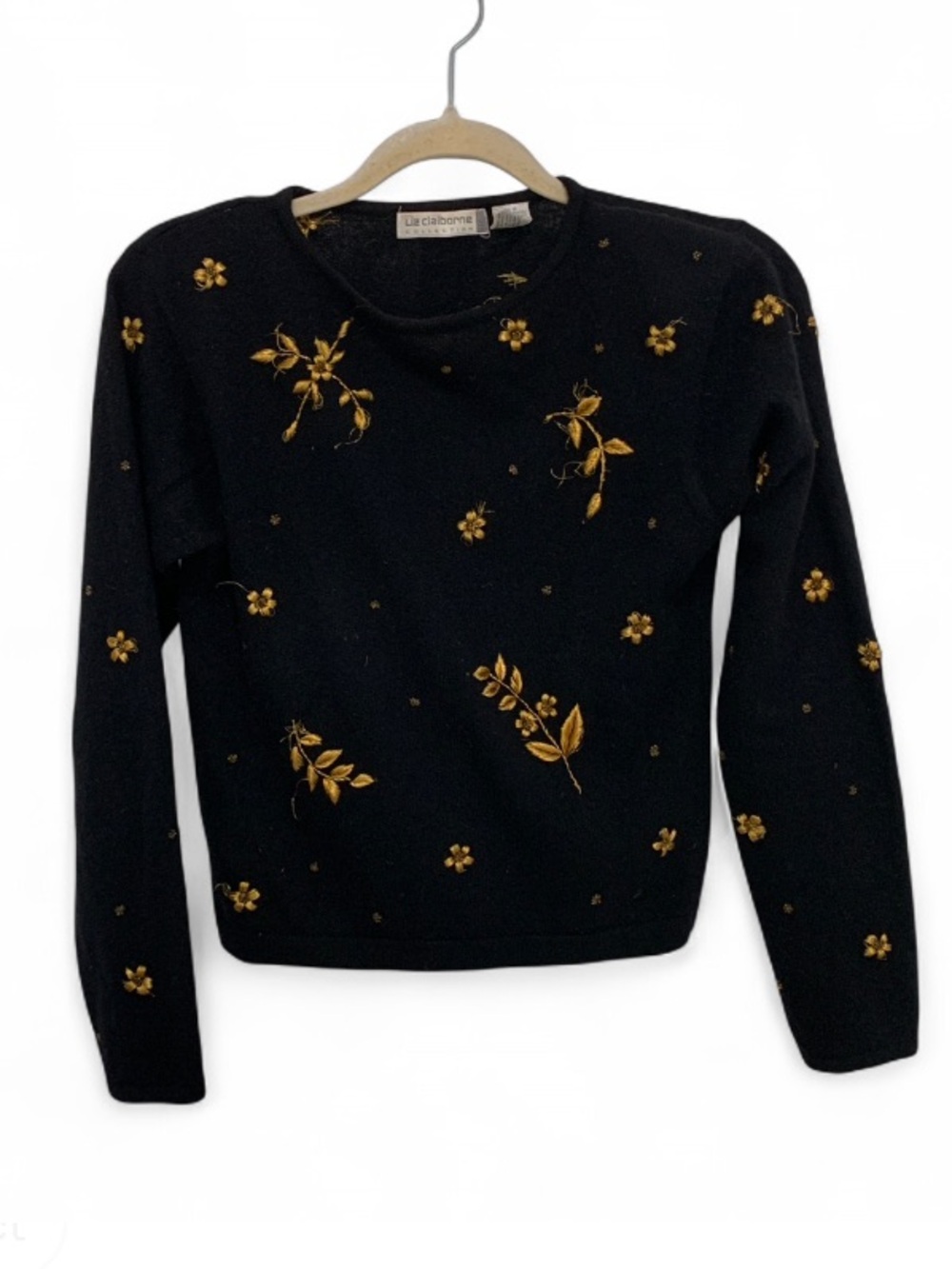 Anthropologie Black Sweater with Gold Floral Embroidery